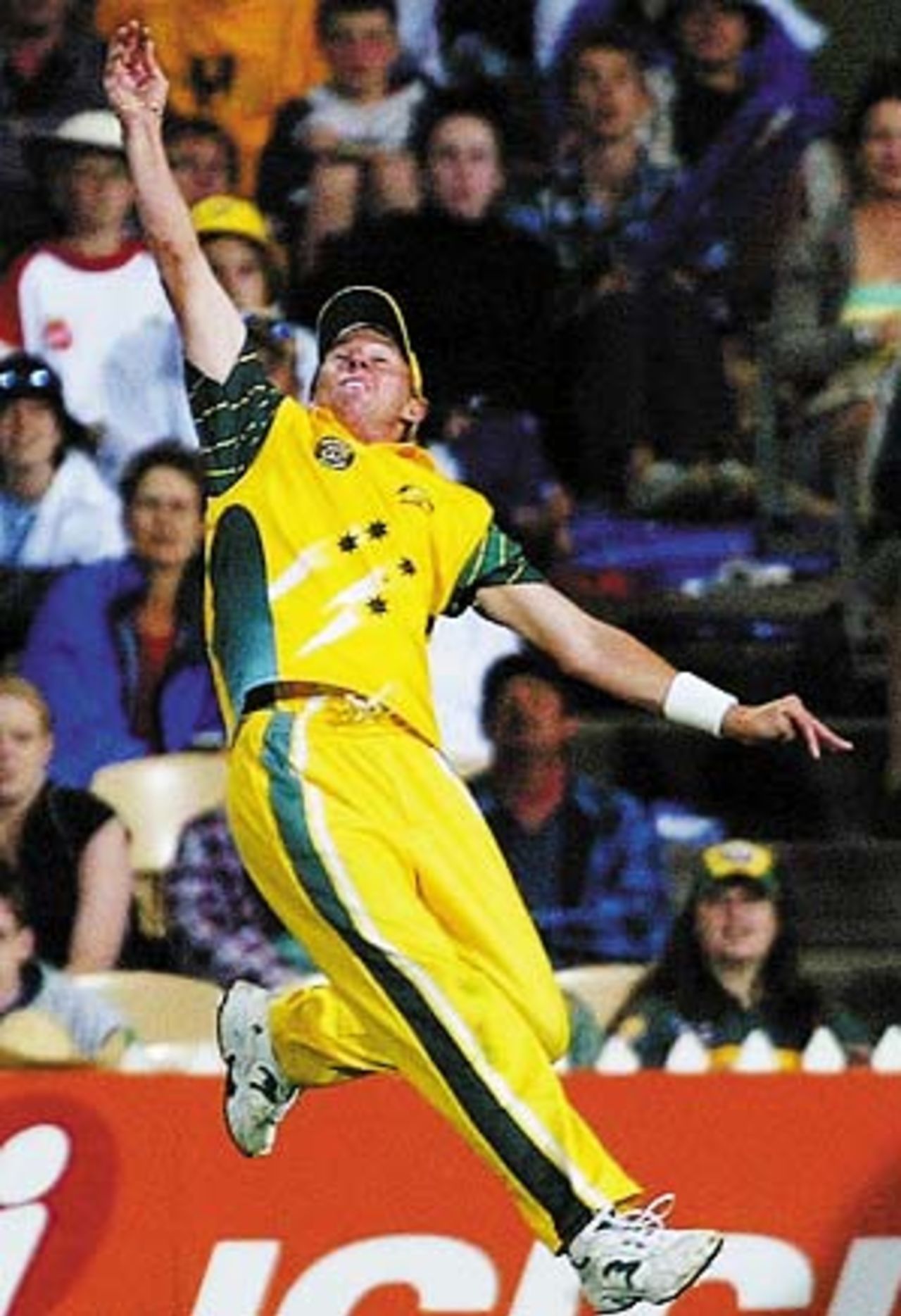 Brett Lee attempts an acrobatic catch as Zimbabwe give their last shot, Australia v Zimbabwe, VB Series, 9th ODI, Adelaide, January 26, 2004