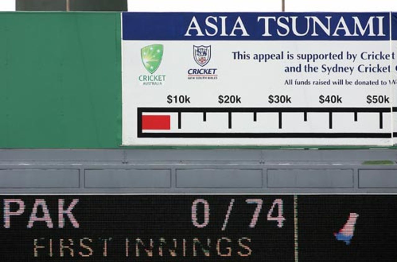 The scoreboard at Sydney shows the amount raised so far for the victims of the tsunami, January 2, 2005