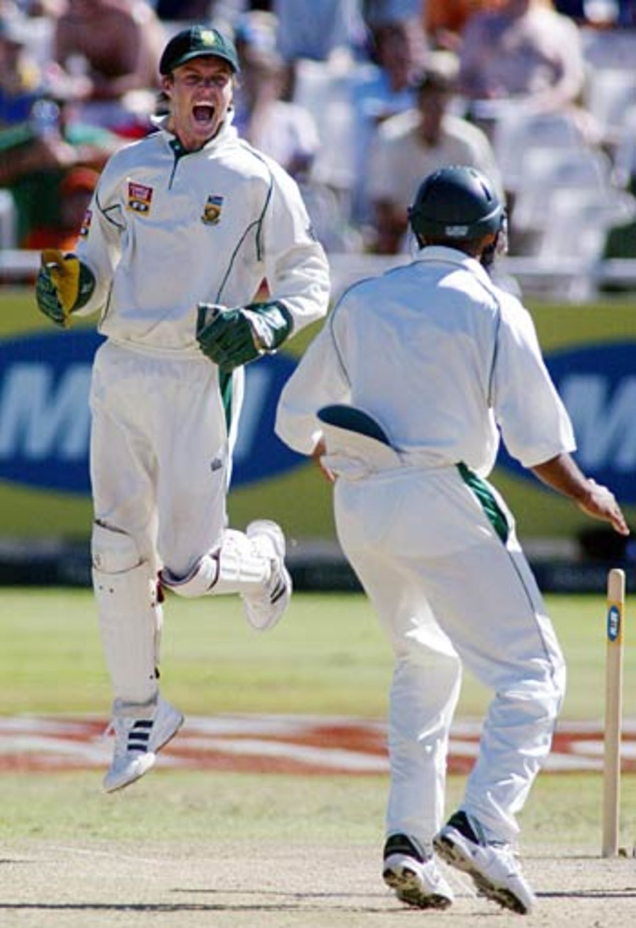 AB de Villiers celebrates stumping Robert Key, South Africa v England, 3rd Test, Cape Town, 4th day, January 5, 2005