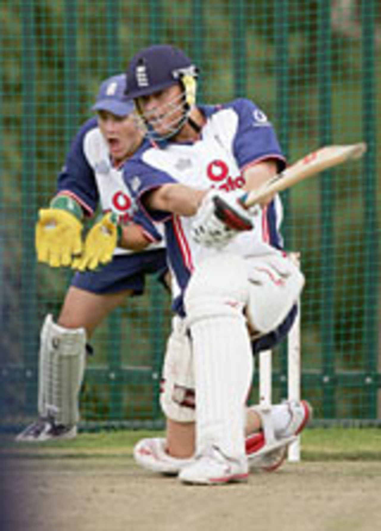 Andrew Flintoff on one knee in the nets at the Wanderers, Johannesburg, January 10 2005
