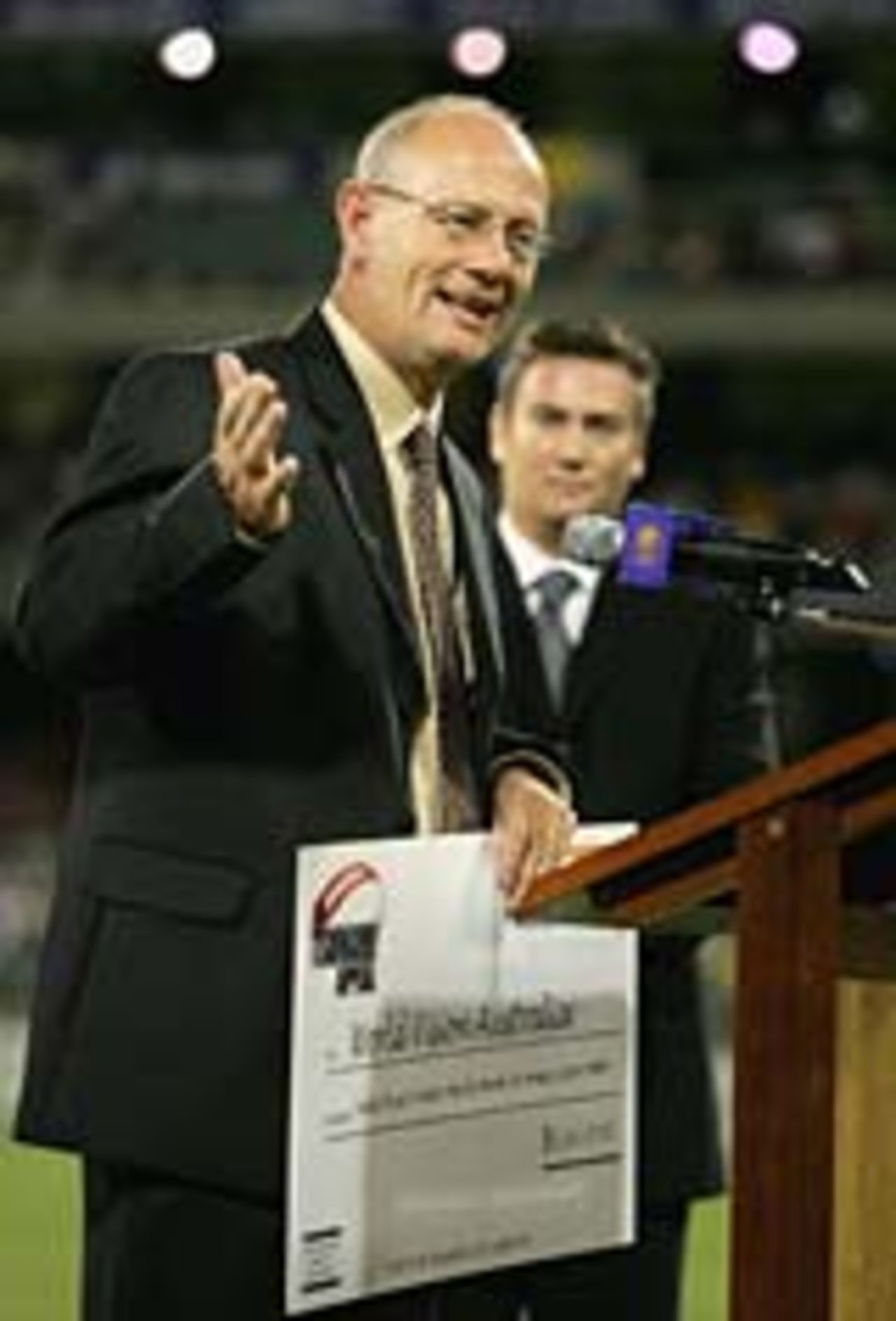 The Rev Tim Costello, Chief Executive of World Vision, accepts the cheque for over $14 million, the proceeds from the World Cricket Tsunami Appeal match,  ICC World XI v ACC Asia XI ODI, Melbourne, January 10, 2005
