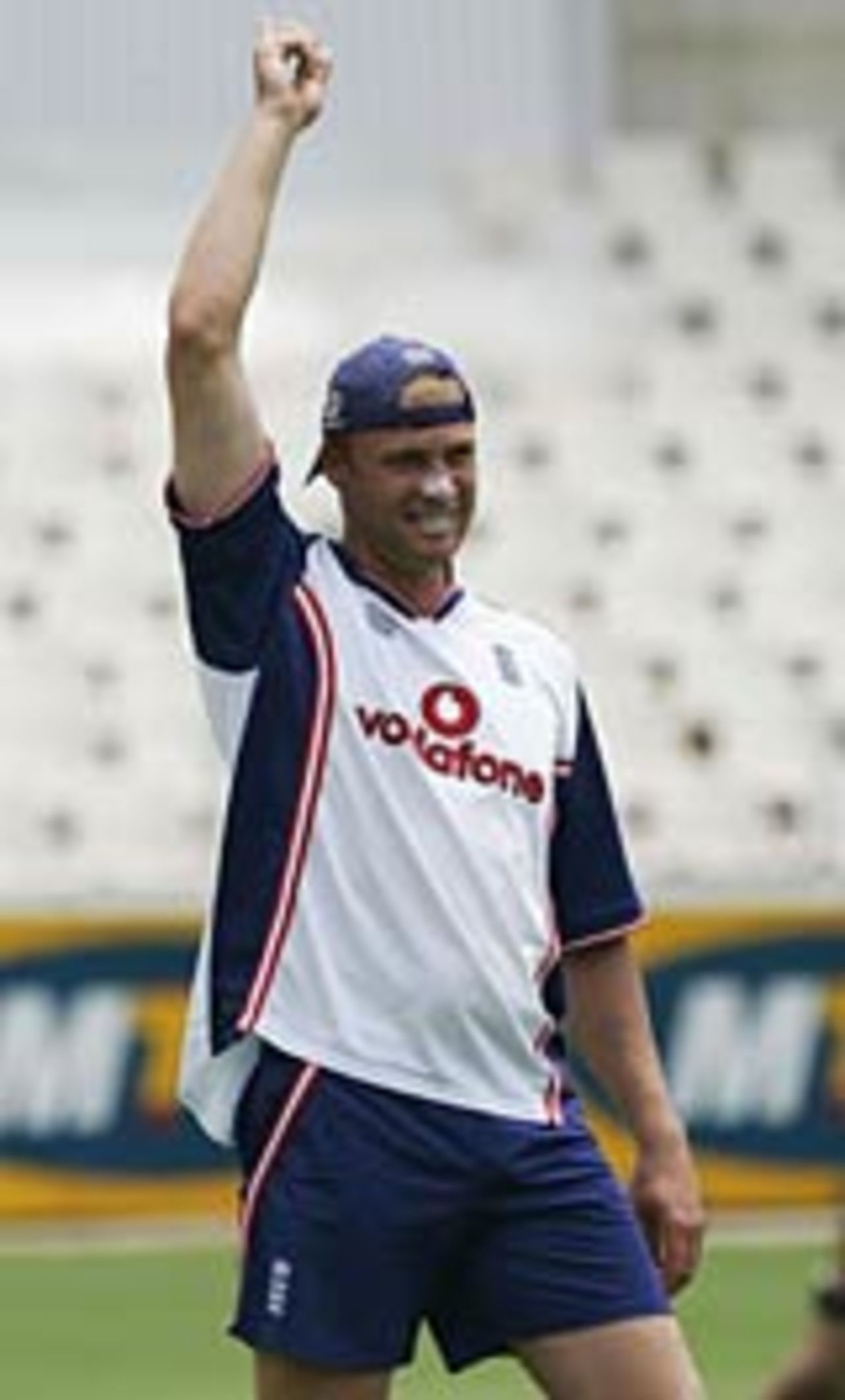 Andrew Flintoff points to show it's his turn to bowl in the nets at the Wanderers, January 12, 2005