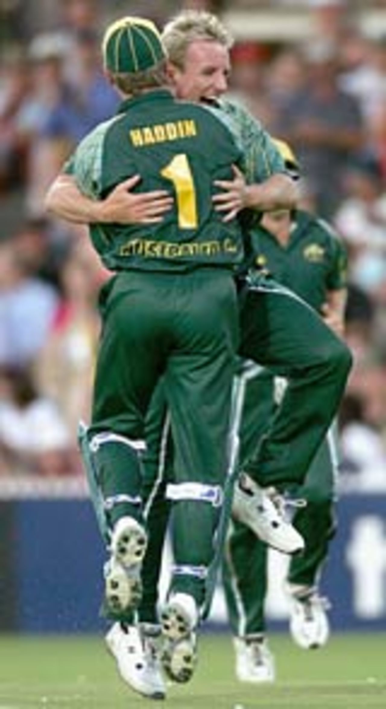 Damien Wright and Brad Haddin celebrate the wicket of Shahid Afridi, Australia a v Pakistan, Twenty20, Adelaide, January 13, 2005