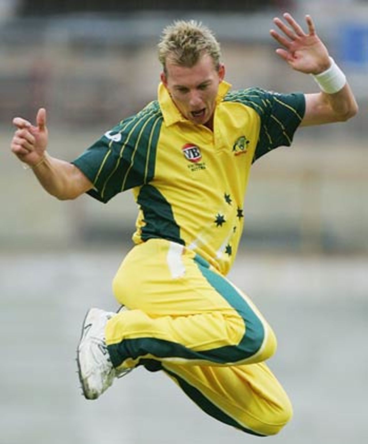 Brett Lee celebrates a wicket as Australia dominate the VB Series opener, Australia v West Indies, 1st match, VB Series, January 14, 2005
