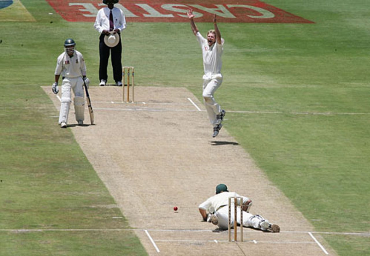 Graeme Smith is on all fours and out leg-before to Matthew Hoggard, South Africa v England, 4th Test, Johannesburg, 3rd day, January 15, 2005