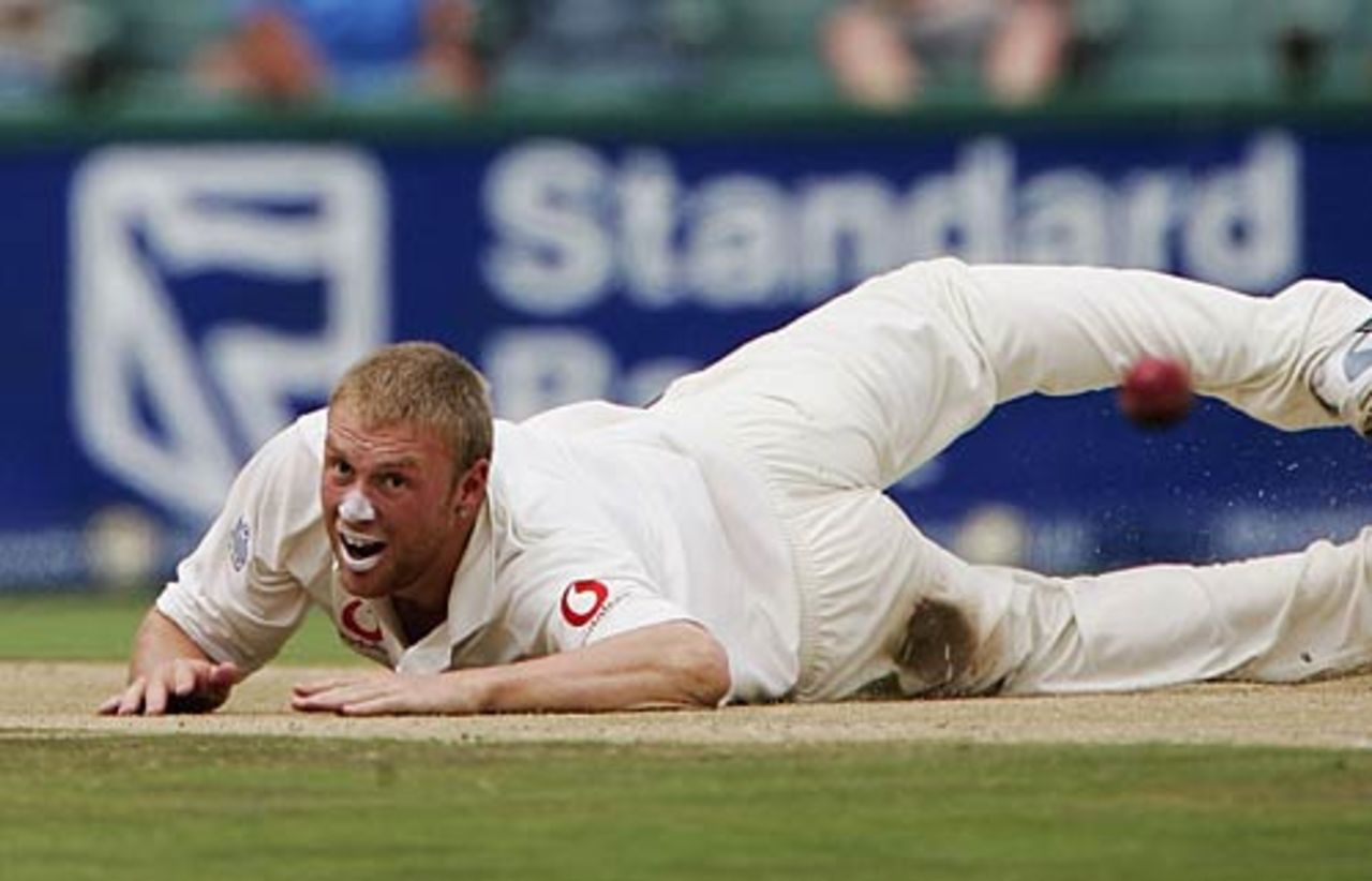 Andrew Flintoff dives despairingly on the fourth day of the fourth Test at the Wanderers, England v South Africa, January 16, 2005