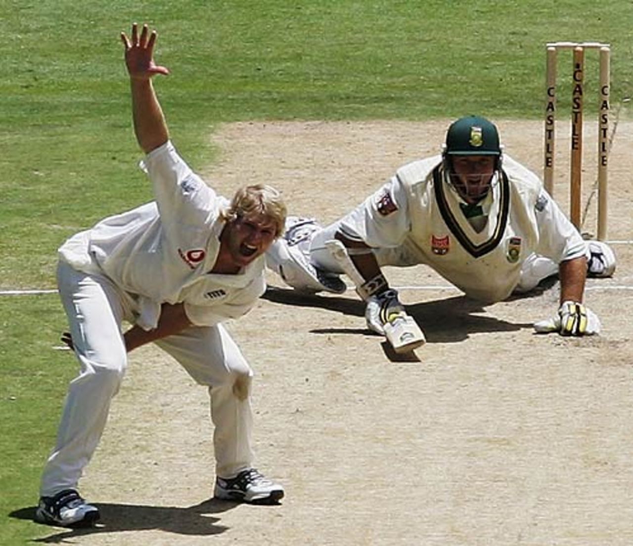 Matthew Hoggard appeals as Graeme Smith lies prostrate, South Africa v England, 4th Test, The Wanderers, January 15, 2005
