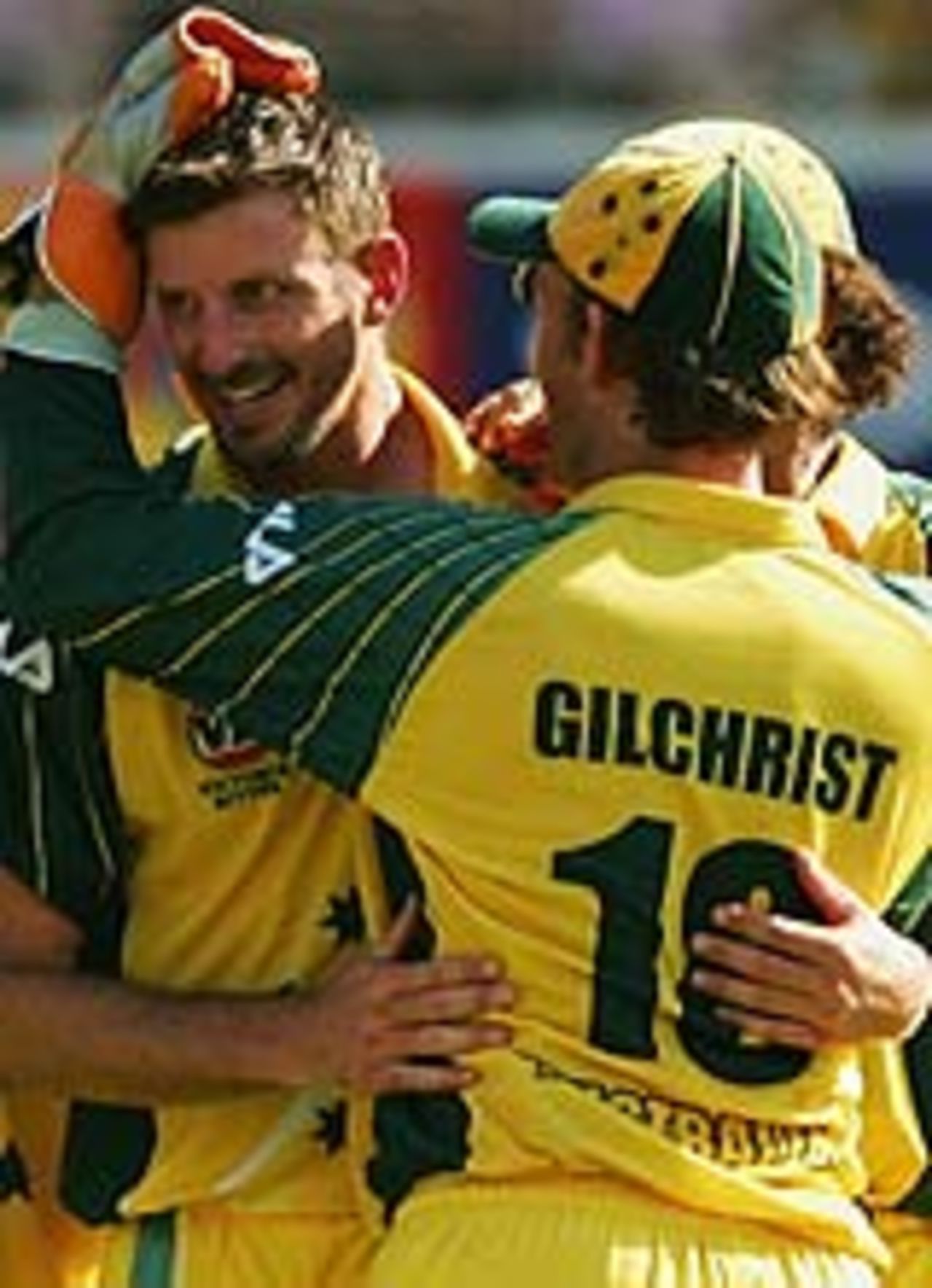 Michael Kasprowicz is congratulated after taking a wicket, Australia v West Indies, VB Series, Brisbane, January 21, 2005