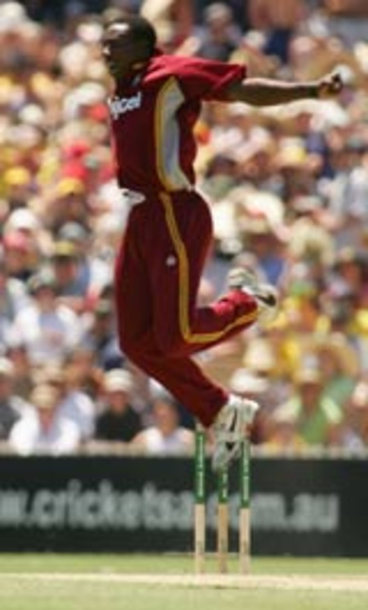 Pedro Collins leaps after picking up a wicket, Australia v West Indies, VB Series, Adelaide, January 26, 2005