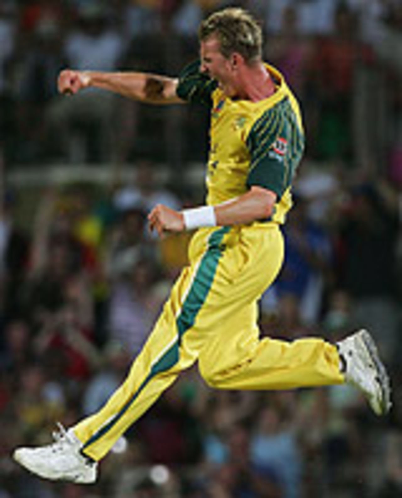 Brett Lee jumps in celebration, Australia v West Indies, VB Series, Adelaide, January 26, 2005