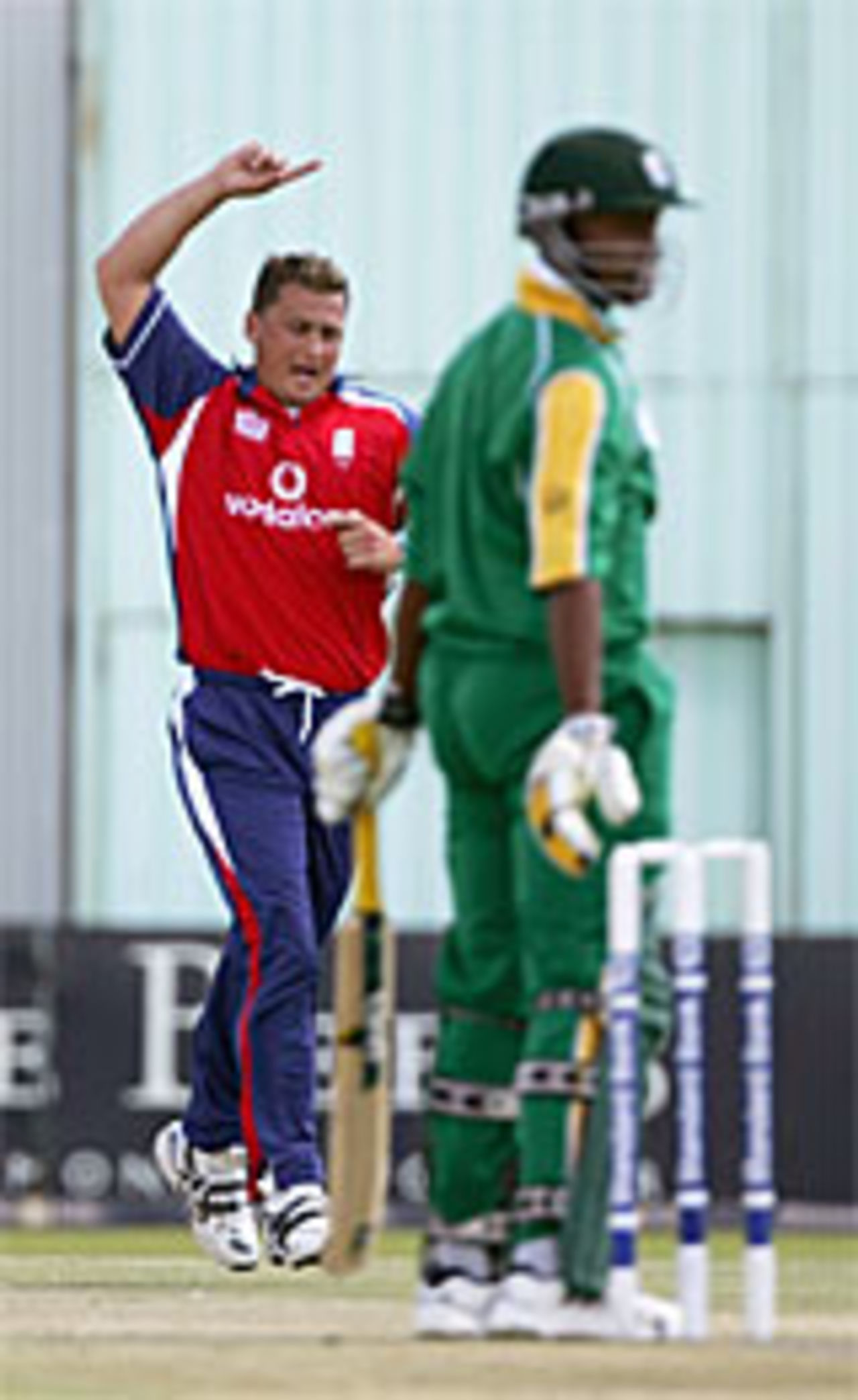 Darren Gough celebrates dismissing Loots Bosman, warm-up match, South Africa A v England XI, Kimberley, January 26, 2005