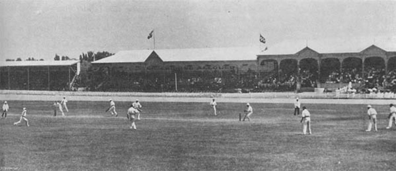 The last day of the 1902 Adelaide Test, Hugh Trumble and Joe Darling batting. Trumble hesitates and is nearly run out as Gilbert Jessop makes a quick return.