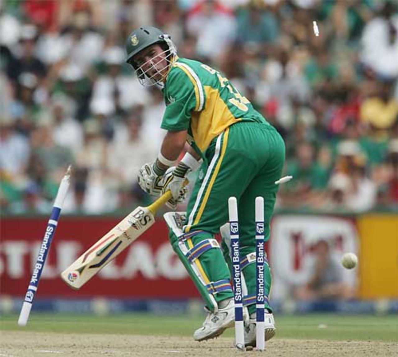 Nicky Boje's stumps fly as he is bowled by Darren Gough, 1st ODI, South Africa v England, The Wanderers, January 30, 2005