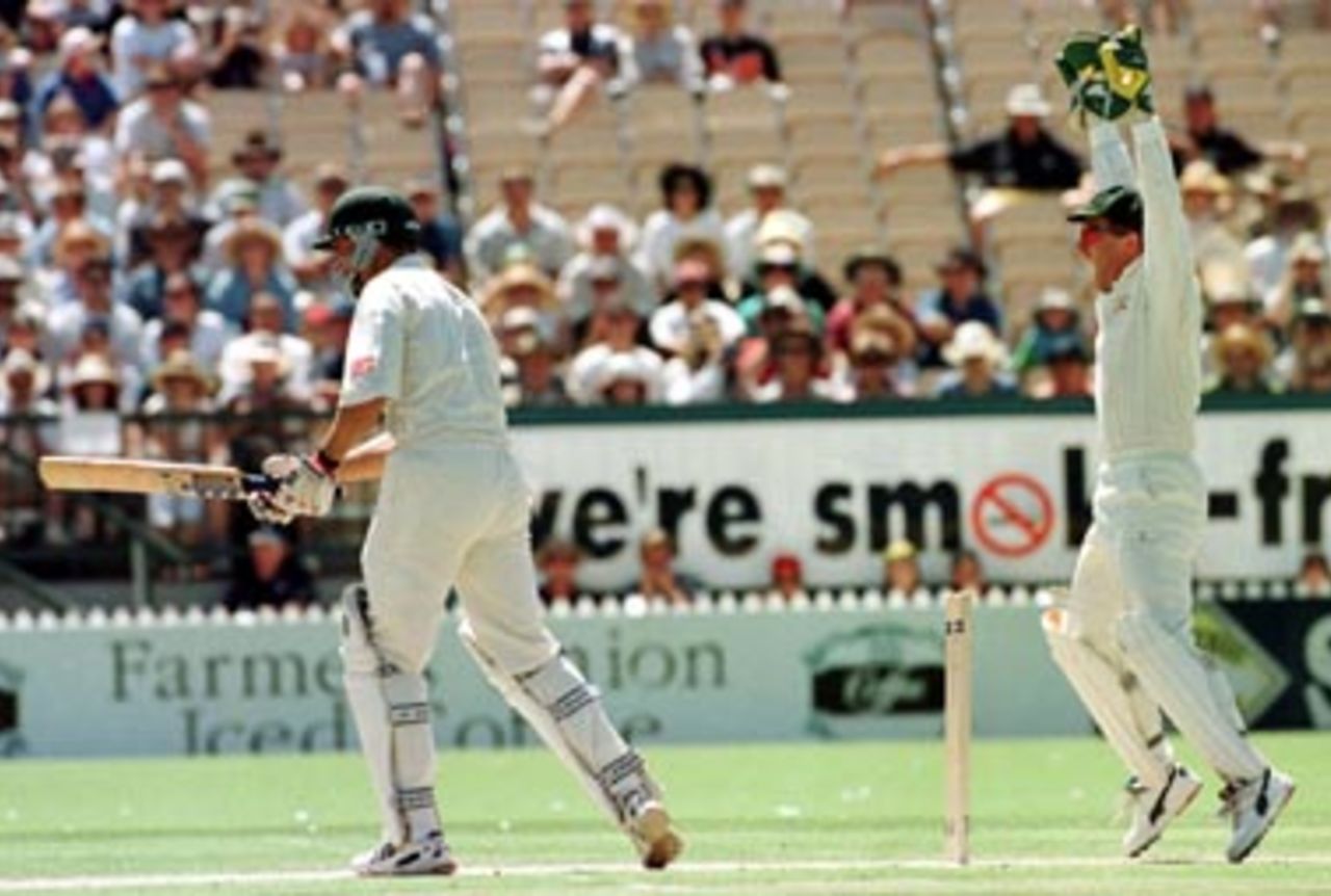 The bails and 'keeper Ian Healy fly as Hansie Cronje is bowled by Shane Warne for 73....Australia v South Africa 3rd Test, Day 2 at the Adelaide Oval, Friday January 31st 1998.