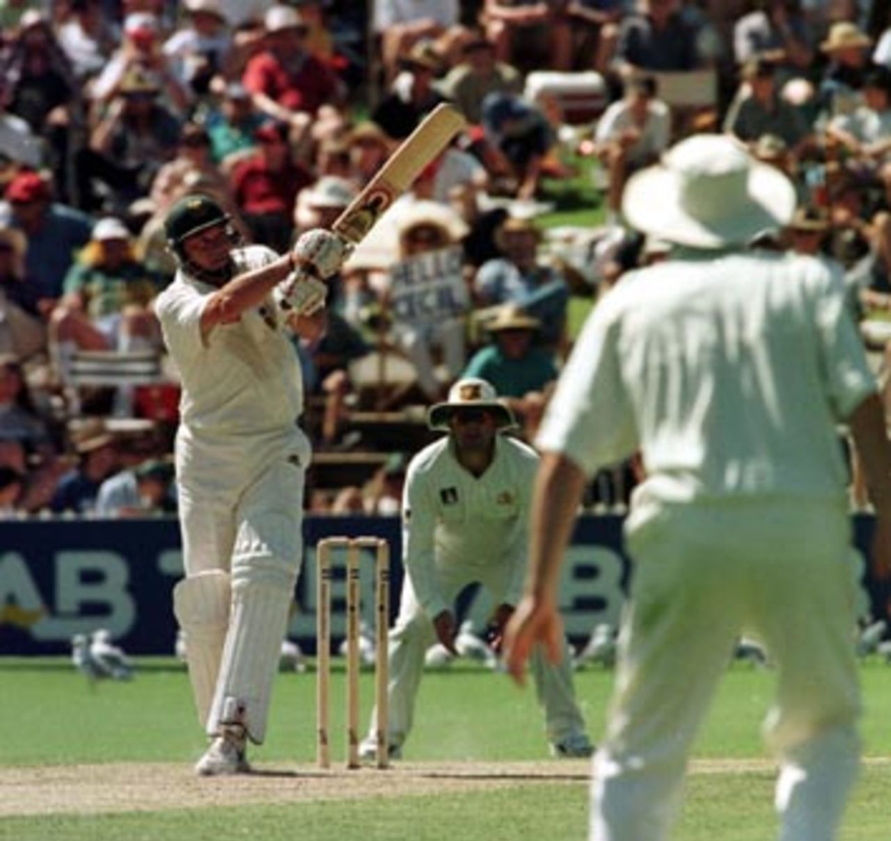 Pat Symcox hits square ....Australia v South Africa 3rd Test, Day 2 at the Adelaide Oval, Friday January 31st 1998.