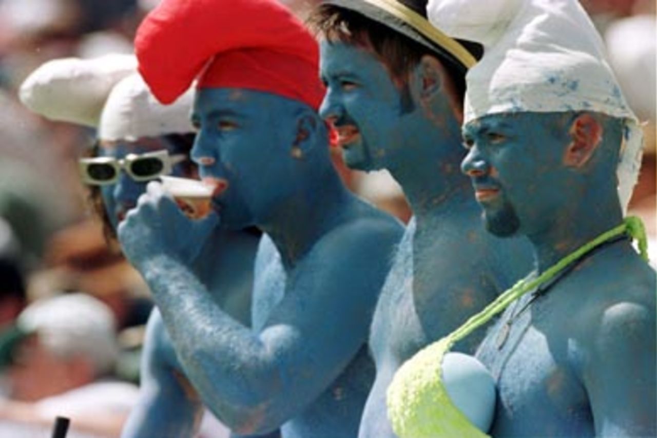 Do not adjust your set...more chilling evidence of the ozone hole's effect on skin...the smurfs watch the action....Australia v South Africa 3rd Test, Day 2 at the Adelaide Oval, Friday January 31st 1998.
