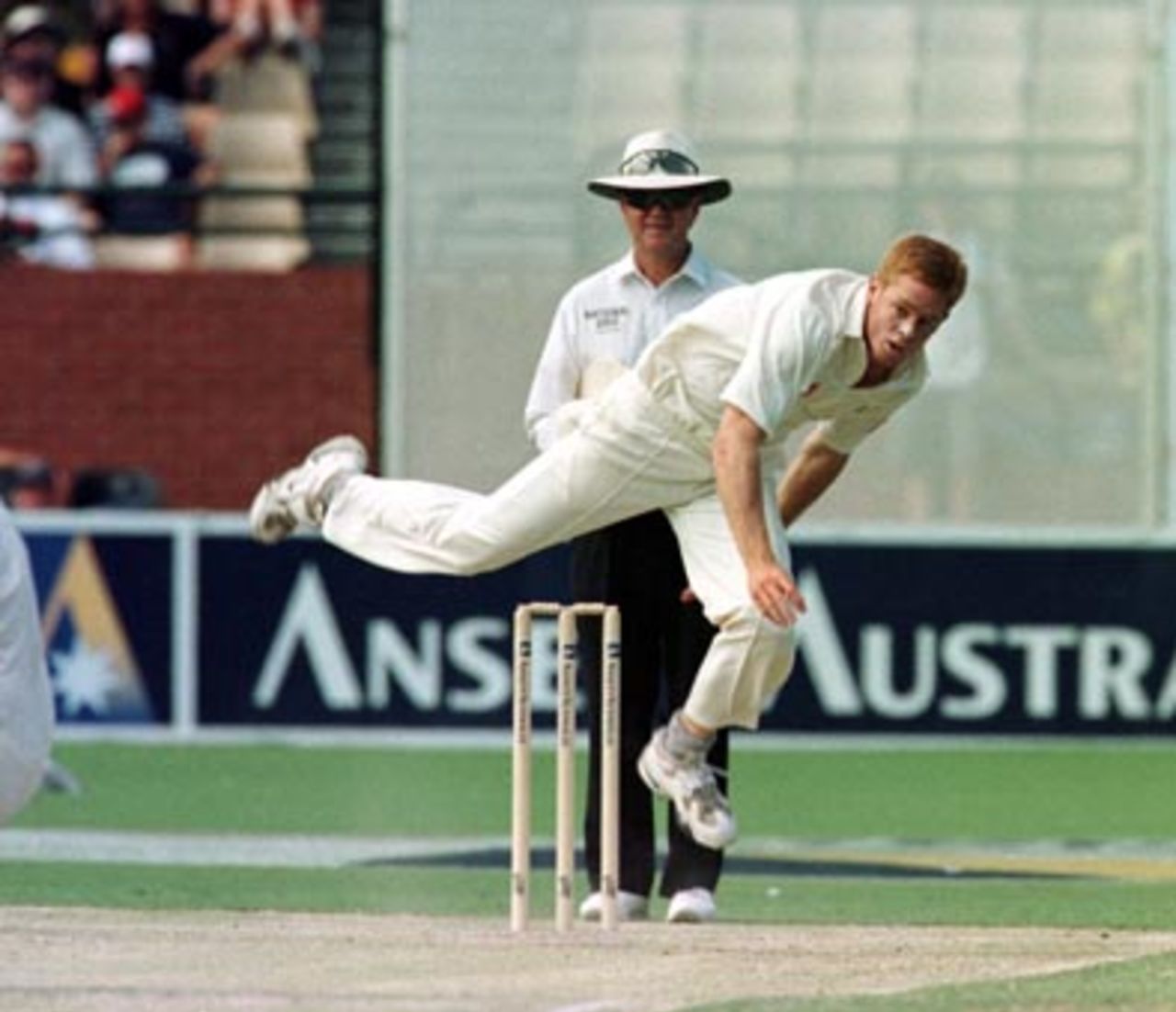 Shaun Pollock airborne ..Australia v South Africa, 3rd Test, Day 3 at the Adelaide Oval, Sunday February 1st 1998.