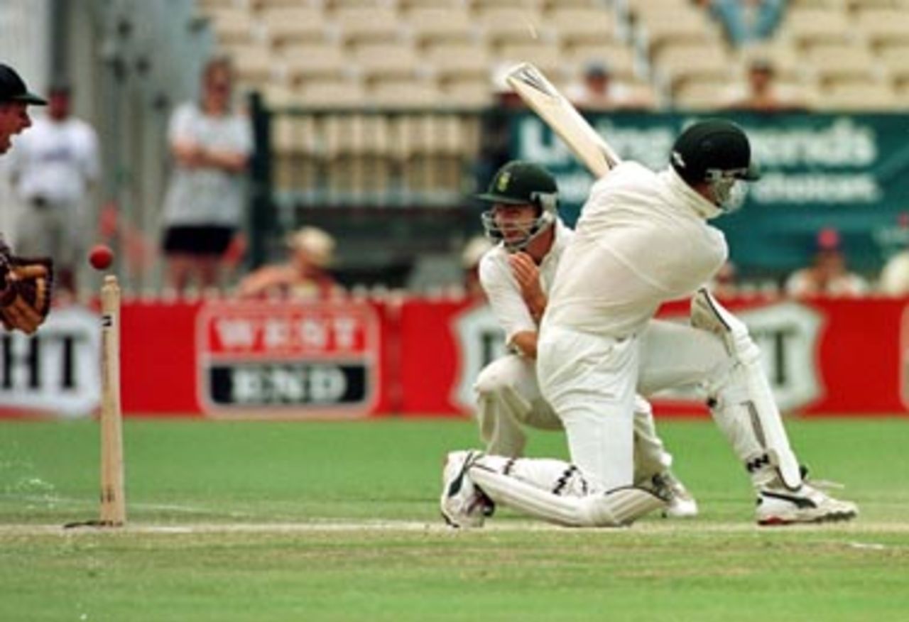 The ball just licks the bails and Stuart Macgill is out and Australia's first innings is over....Australia v South Africa 3rd Test, Day 4 at the Adelaide Oval, Sunday February 2nd  1998.