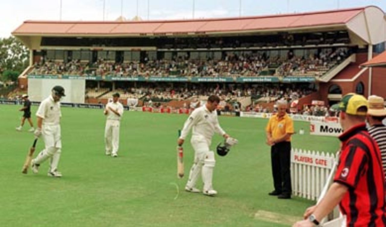 A weary Mark Taylor leaves bowed but unbeaten after carrying his bat in Australia's first innings ..Australia v South Africa 3rd Test, Day 4 at the Adelaide Oval, Sunday February 2nd 1998.