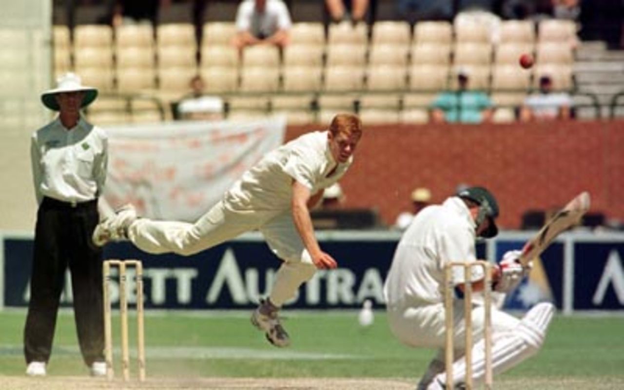 Shaun Pollock bounces Mark Waugh ..Australia v South Africa 3rd Test, Final Day at the Adelaide Oval, Tuesday February 3rd, 1998.