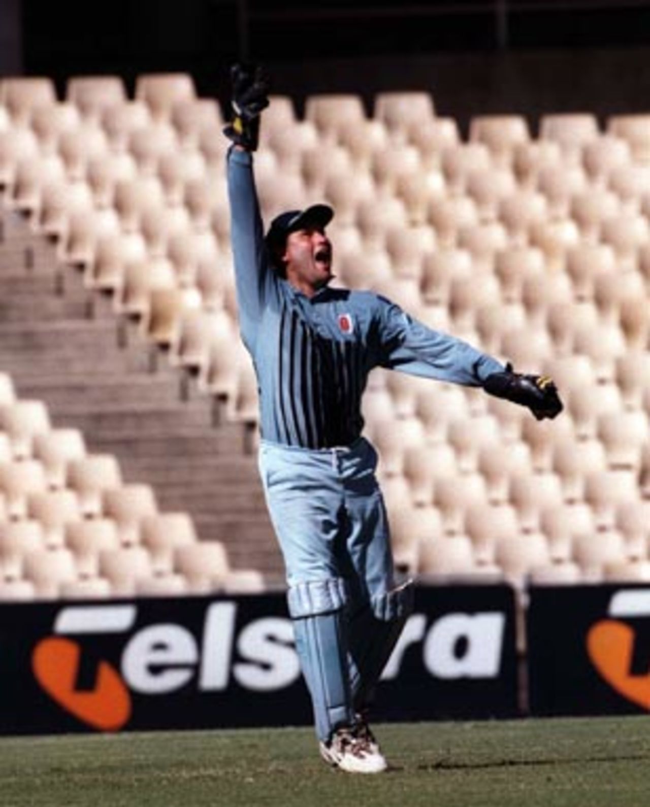 Captain Phil Emery jumps for joy after he caught Tim Neilson ... New South Wales v South Australia in the semi final of the MMC OD Series at the Sydney Cricket Ground, Sunday February 22nd 1998