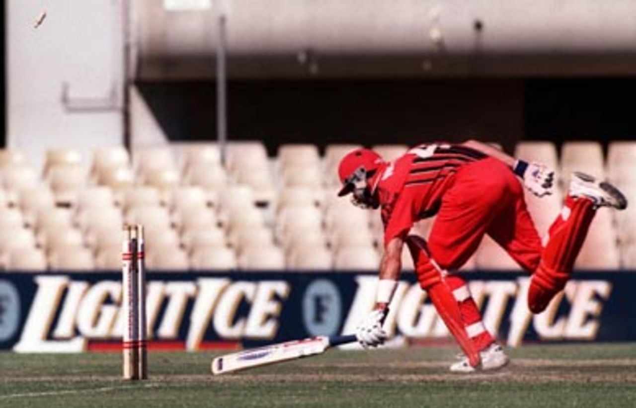 The bails fly but Tim Nielson is home in time ... New South Wales v South Australia in the semi final of the MMC OD Series at the Sydney Cricket Ground, Sunday February 22nd 1998