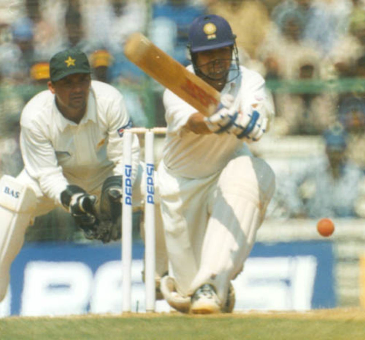 Tendulkar positions himself for a paddle sweep. India v Pakistan, Test 1, Day 4 at Chennai, 31 January 1999