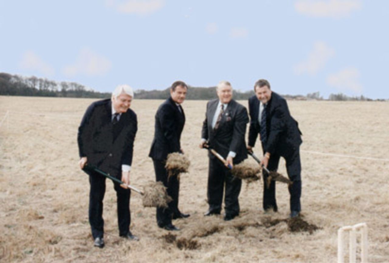 Wilfred Weld (President HCCC), Lord McLaurin (President ECB) and Brian Ford (Chairman HCCC) dig the first turf at Hampshire's new ground at West End.