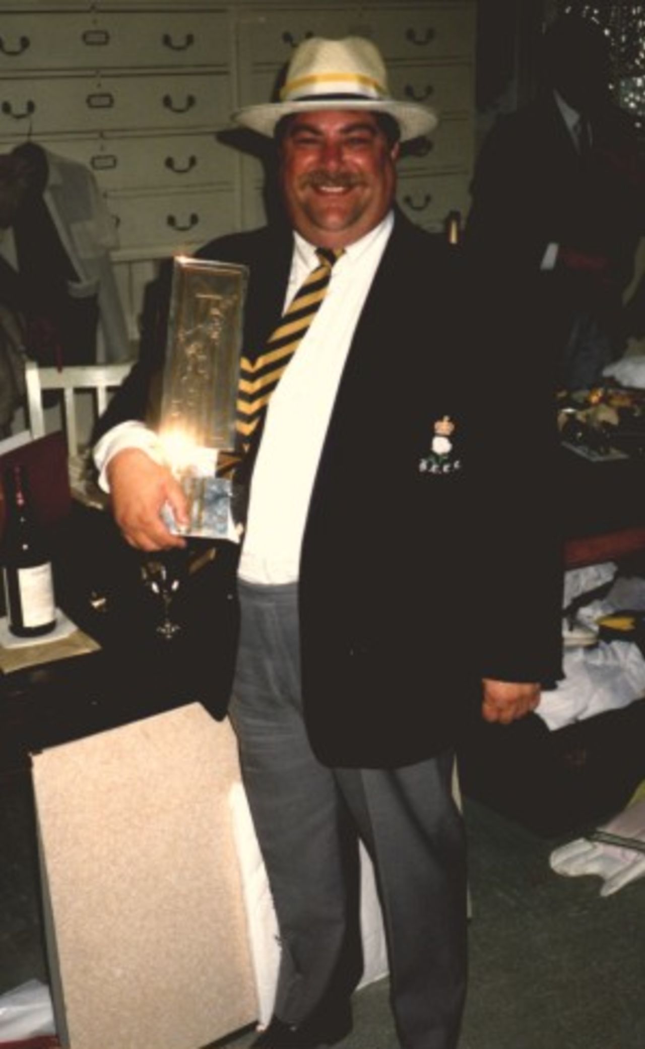 Vic Isaacs Hampshire scorer with the Nat West Trophy in the players dressing room at Lord's.