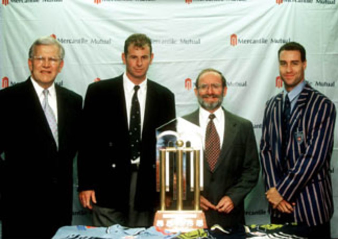 Australian Cricket Board Chairman Malcolm Speed, Paul Reiffel, Mercantile Mutual's Rod Atwell and Michael Bevan gathered in Sydney for the announcment of the new sponsorship deal. February, 25 1999.