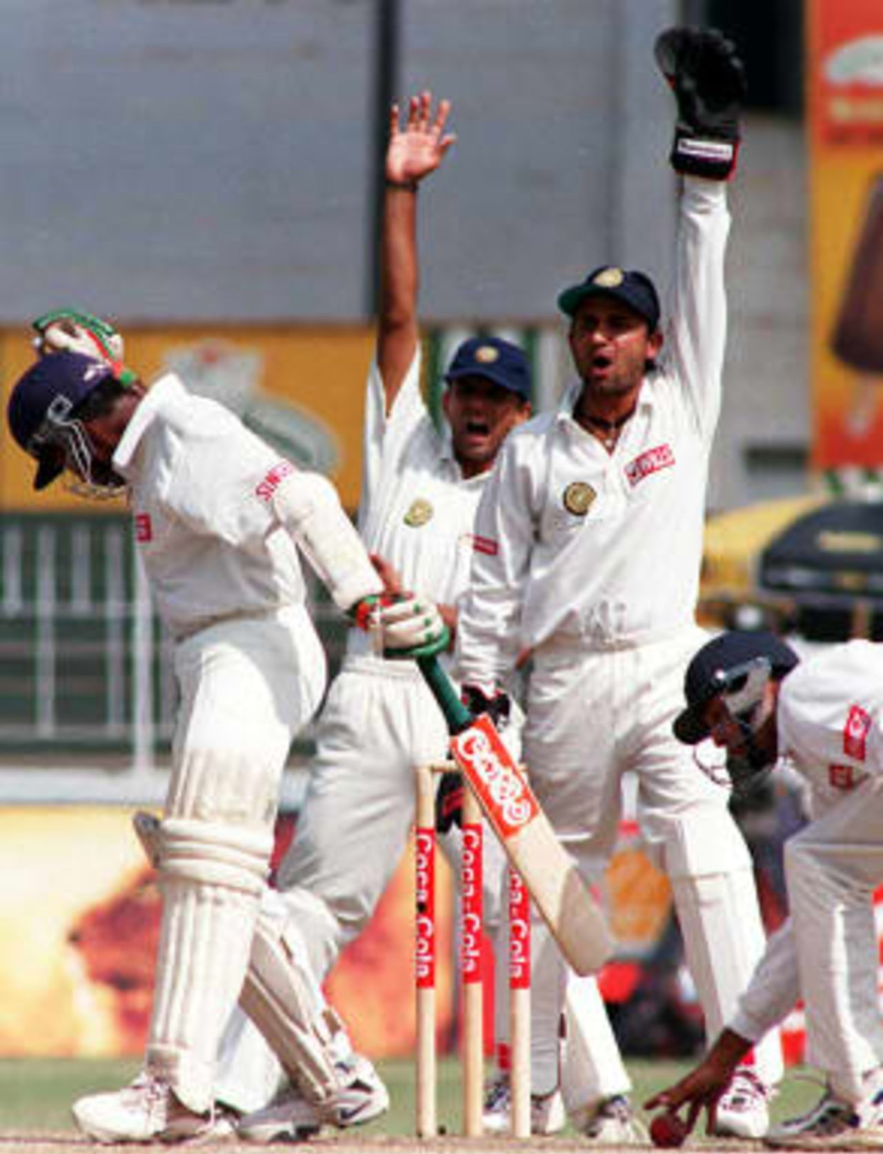 Mongia and Dravid appeal for lbw against Jayawardene - Asian Test Championship, 1998/99, 2nd Match, Sri Lanka v India, Sinhalese Sports Club, Colombo, 26 February 1999
