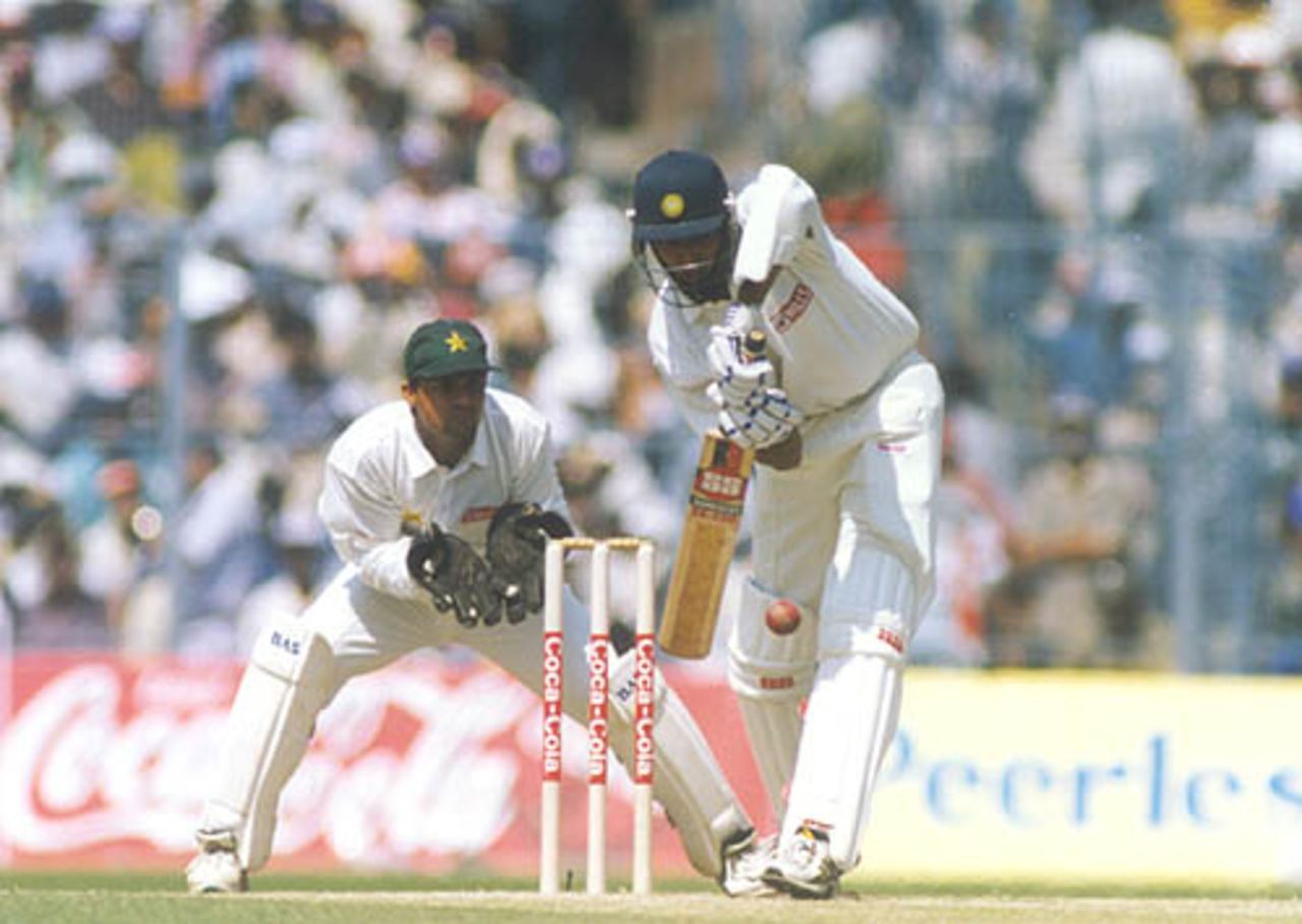 Laxman defends the ball, India v Pakistan, Asia Test Championship, Eden Gardens, Calcutta, 16-20