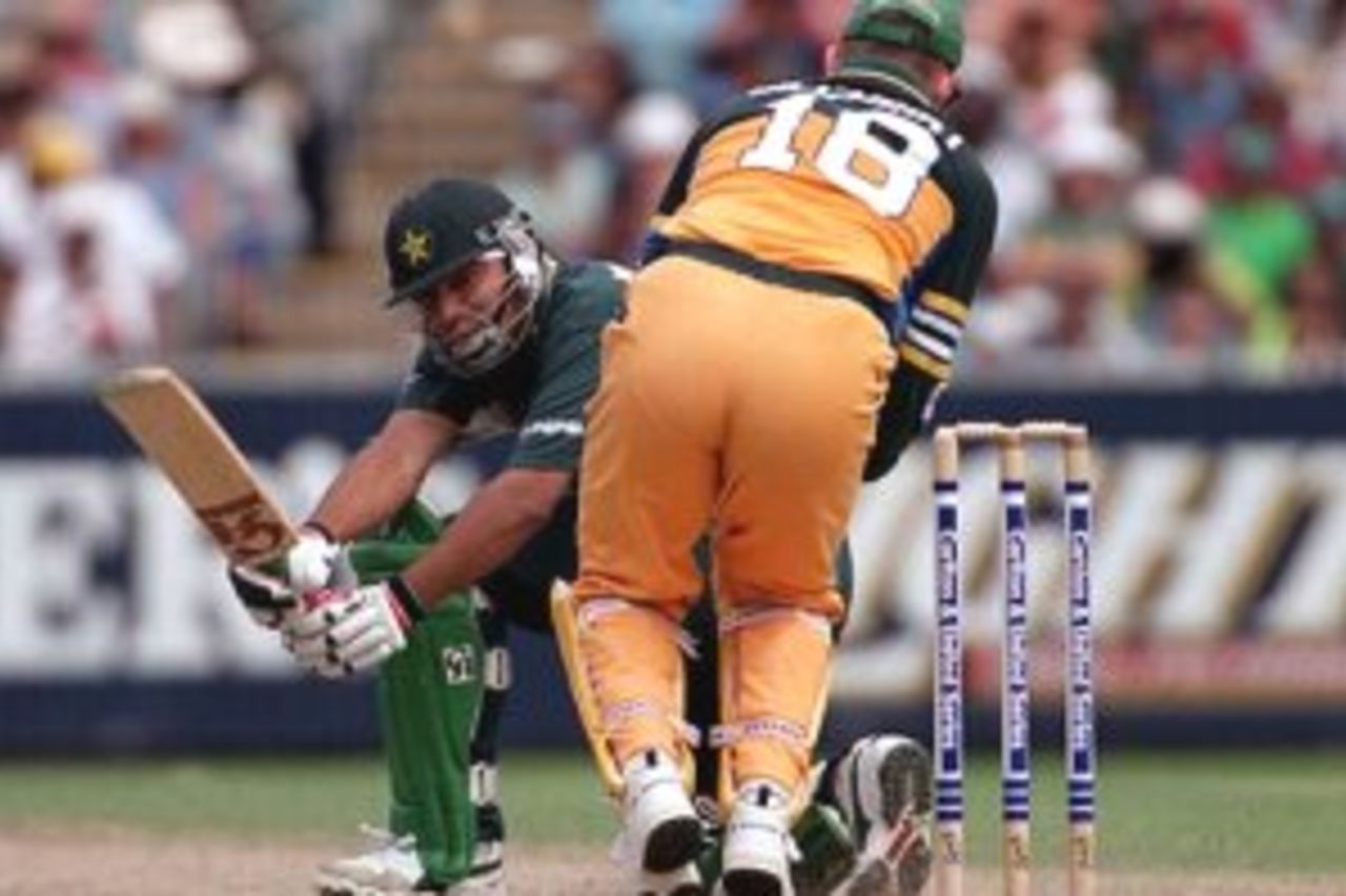 2 Feb 2000: Pakistan batsman Inzamam Ul Haq gets the ball past Australian wicketkeeper Adam Gilchrist, during the first final of the one day international between Australia and Pakistan played at the MCG, Melbourne, Australia.