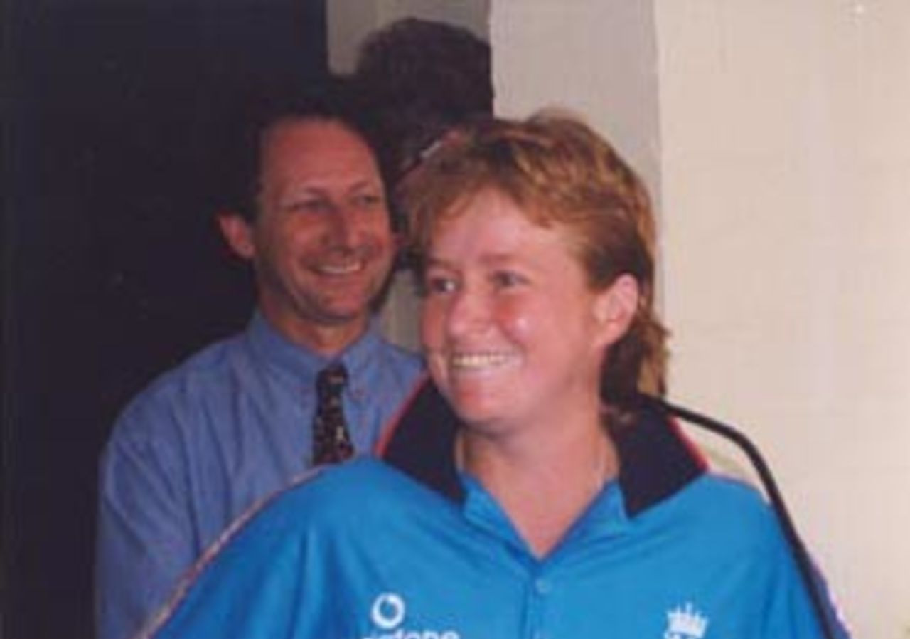 Karen Smithies post match presentation, Australia vs England at Bradman Oval, Bowral, 1 Feb 2000.  Bradman Museum Chief Executive Richard Mulvaney in background