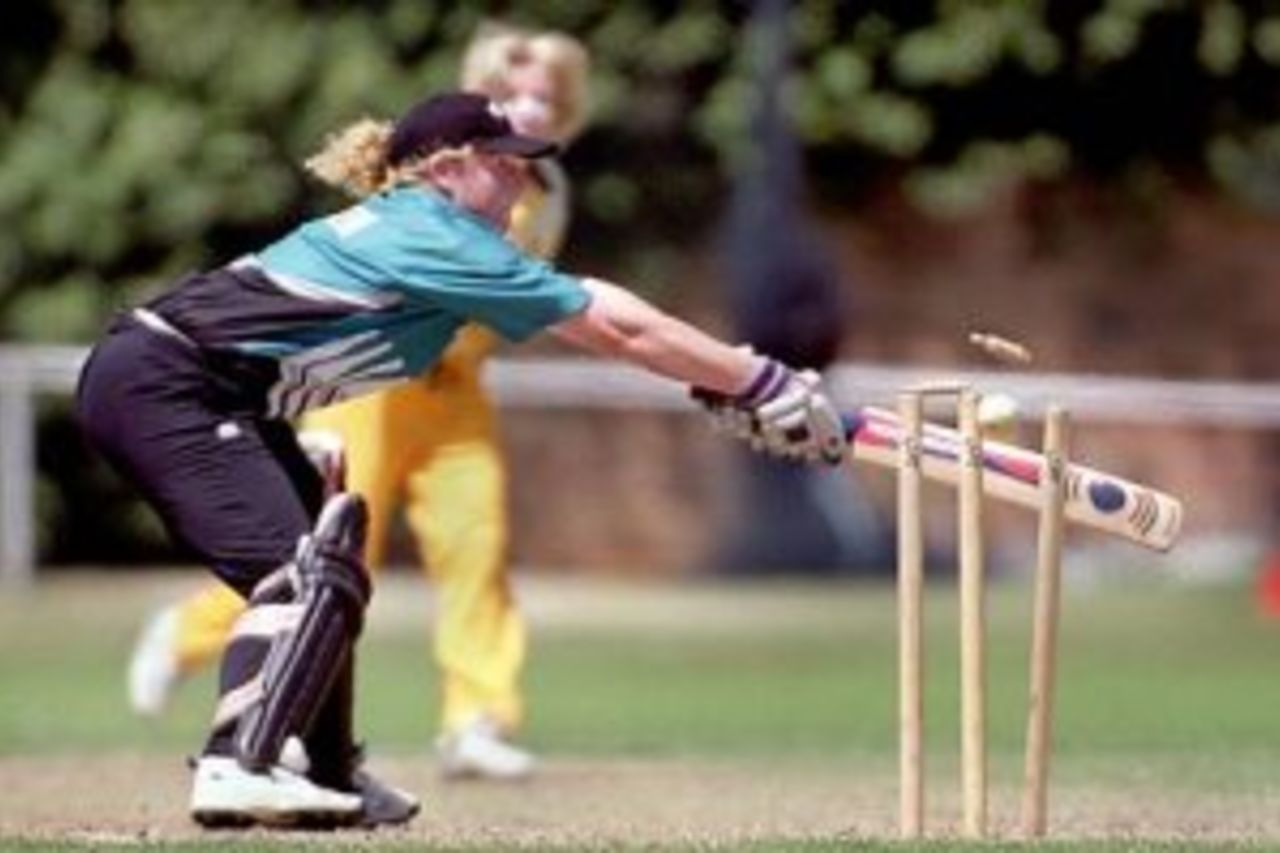 8 Feb 2000: Haidee Tiffen of New Zealand is clean bowled for 14 runs by Cathryn Fitzpatrick of Australia during the 2nd Women's one day international between Australia Women and New Zealand Women at the Albert Cricket Ground, Melbourne, Australia. New Zealand finished with 166 from fifty overs.