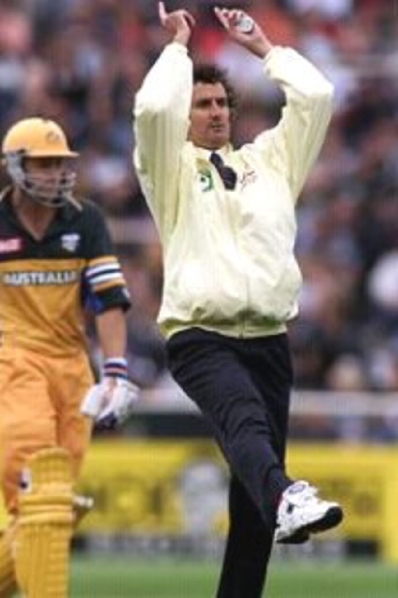 26 Feb 2000: Umpire Brent Bowden signals one of the many sixes of the Australian innings, during the fourth one day international between New Zealand and Australia at Jade Stadium, Christchurch, New Zealand.