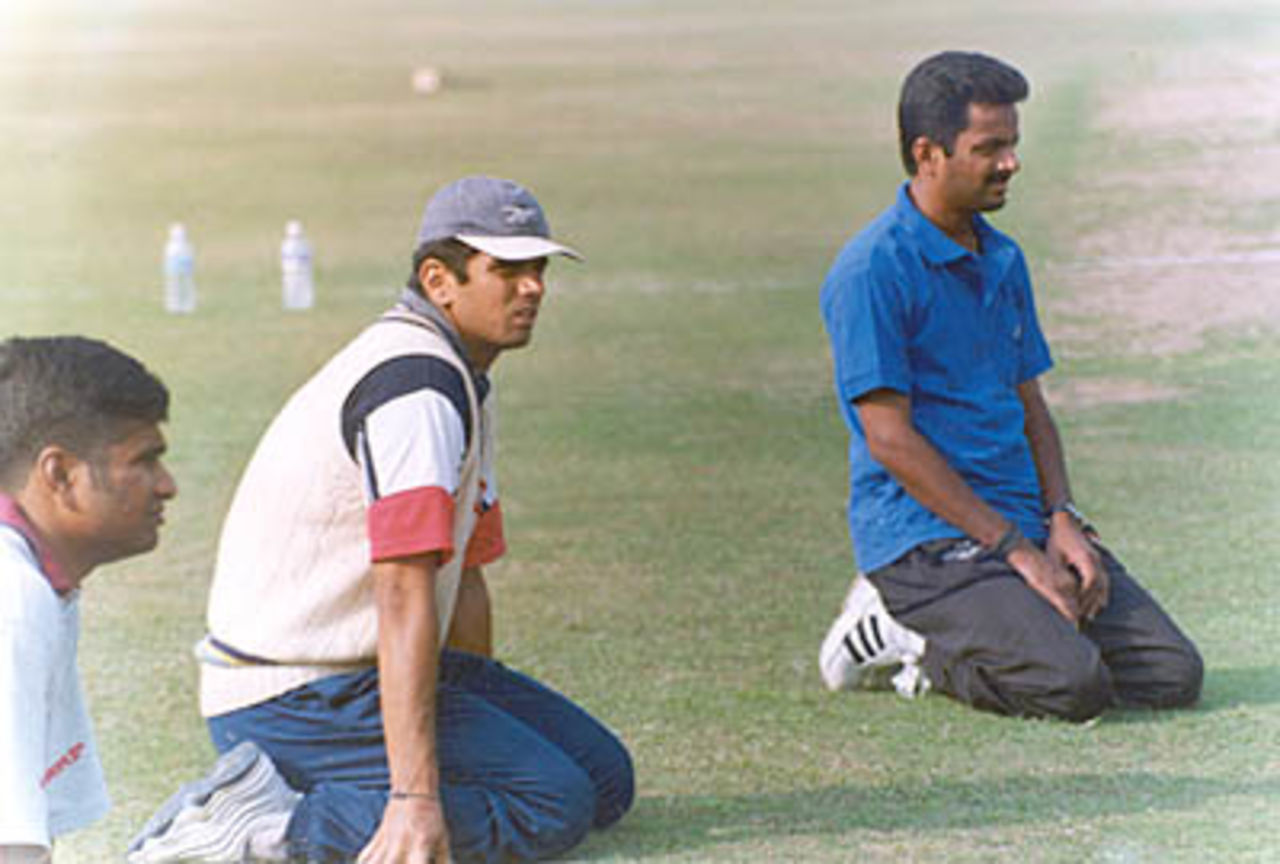 Balaji Rao, Rahul Dravid and Venkatapathi Raju at a practice session, Duleep Trophy, 2000/01, East Zone v South Zone, Maharaja Bir Bikram College Stadium, Agartala, 25-27 January 2001.