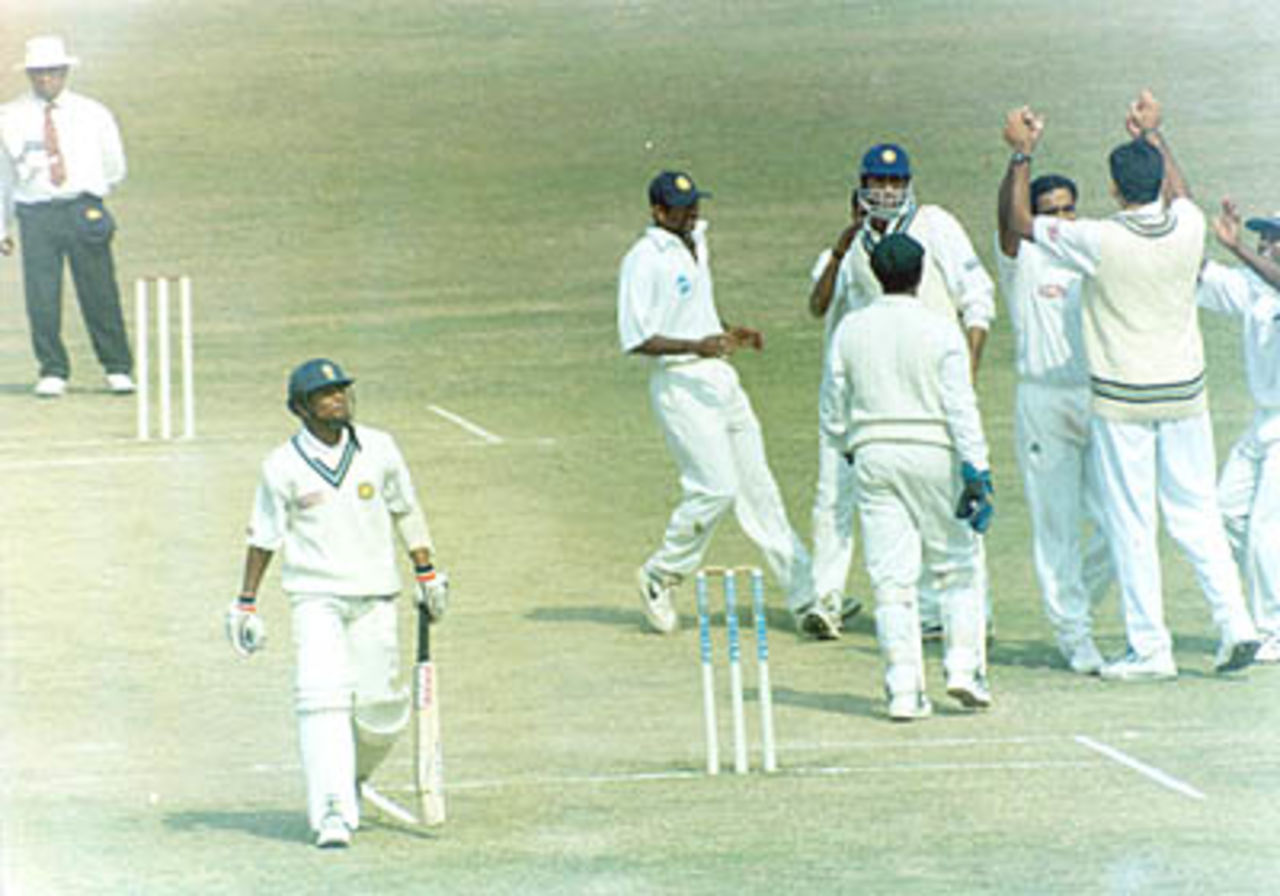 SS Das walks back after getting out to Sunil Joshi, Duleep Trophy, 2000/01, East Zone v South Zone, Maharaja Bir Bikram College Stadium, Agartala, 25-27 January 2001.