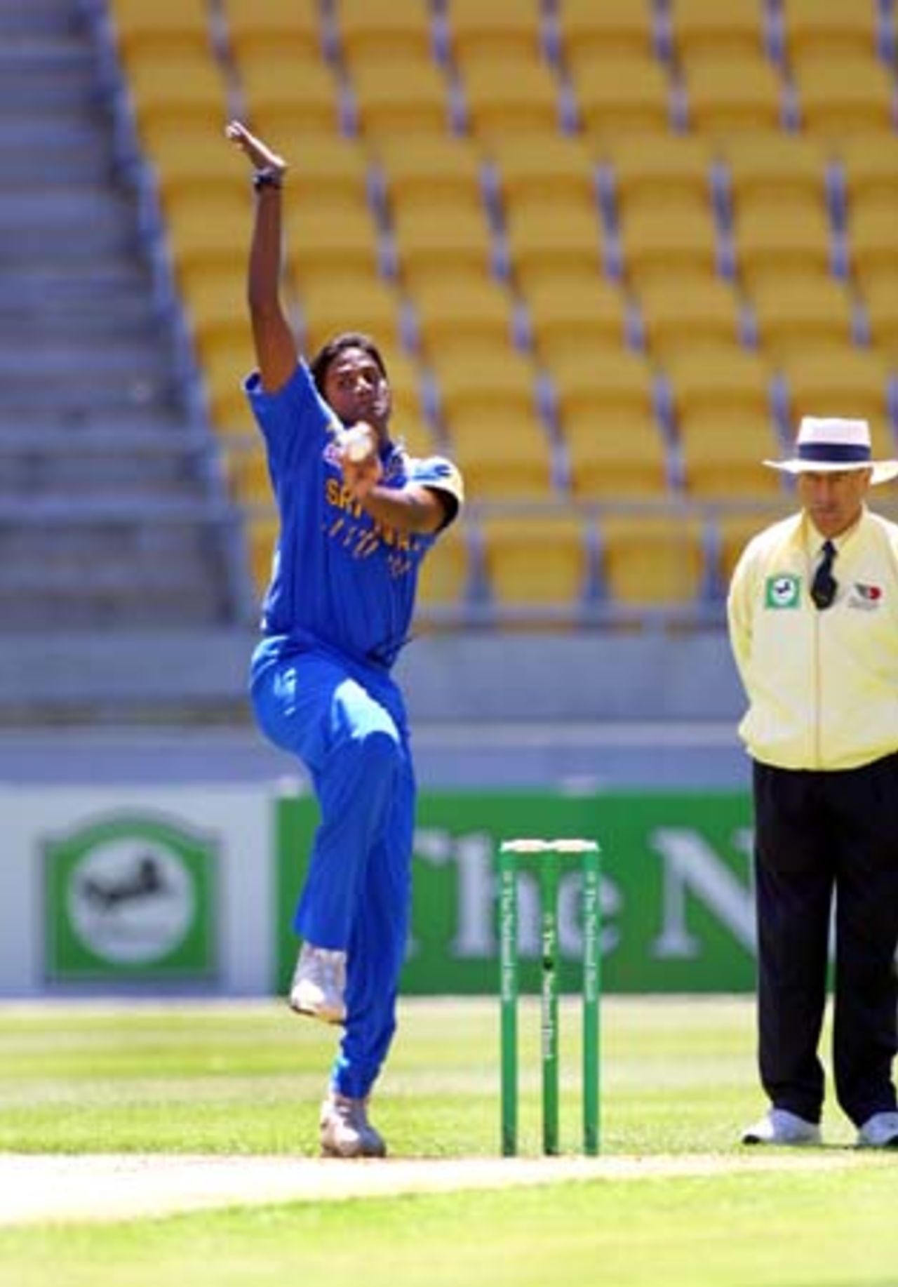 Sri Lankan opening bowler Nuwan Zoysa delivers a ball in the first over of the match during his spell of 4-28 from nine overs. 2nd One-Day International: New Zealand v Sri Lanka at WestpacTrust Stadium, Wellington, 3 February 2001.
