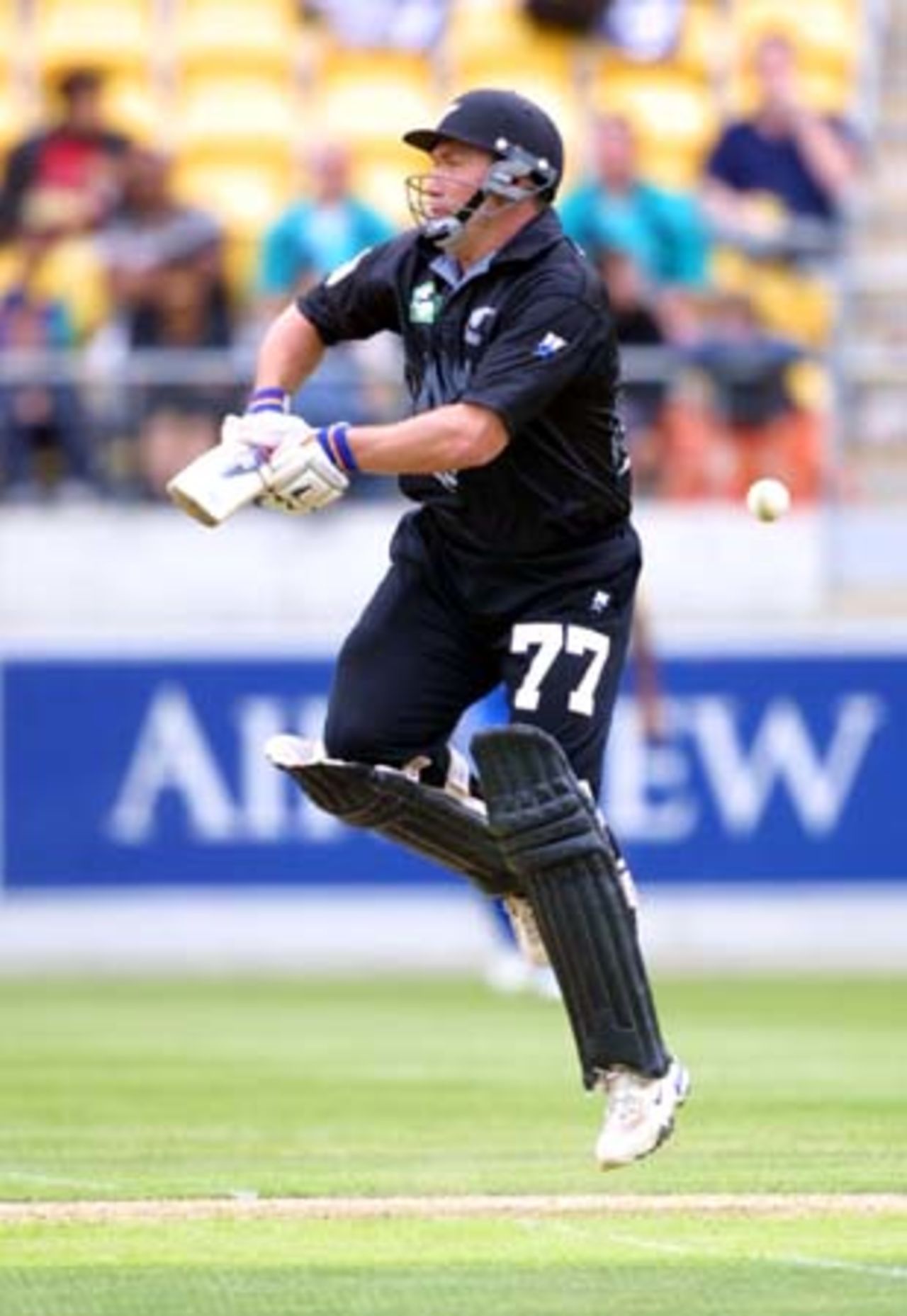 New Zealand batsman Roger Twose jumps at the crease in attempting to defend a quick rising short-pitched delivery. Twose later retired hurt for 11 after injuring his left thumb in a mid-pitch collision with batting partner Craig McMillan. 2nd One-Day International: New Zealand v Sri Lanka at WestpacTrust Stadium, Wellington, 3 February 2001.