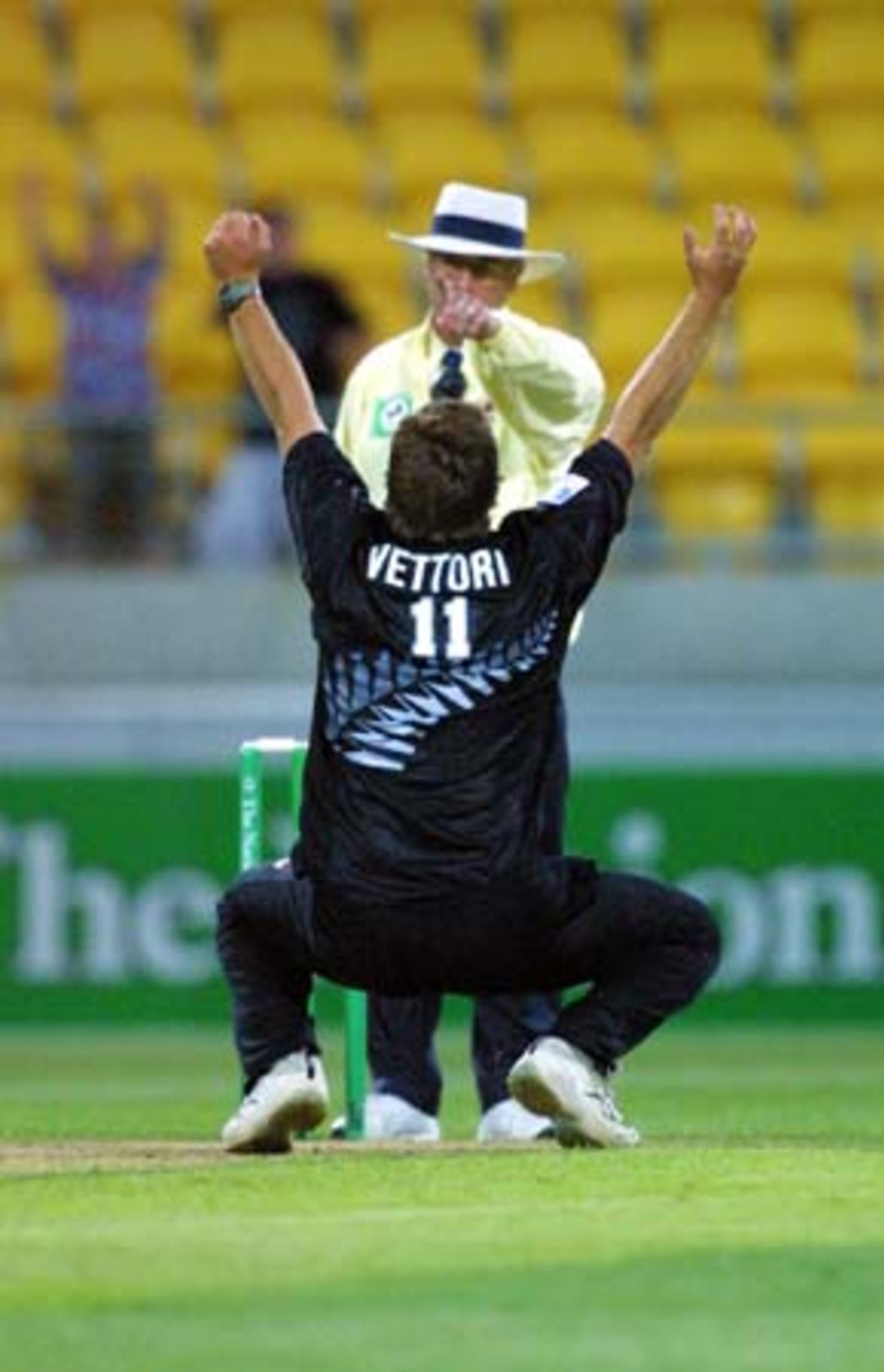 New Zealand left arm orthodox spinner Daniel Vettori appeals successfully as umpire Steve Dunne adjudges Sri Lankan batsman Aravinda de Silva out leg before wicket for 37. 2nd One-Day International: New Zealand v Sri Lanka at WestpacTrust Stadium, Wellington, 3 February 2001.