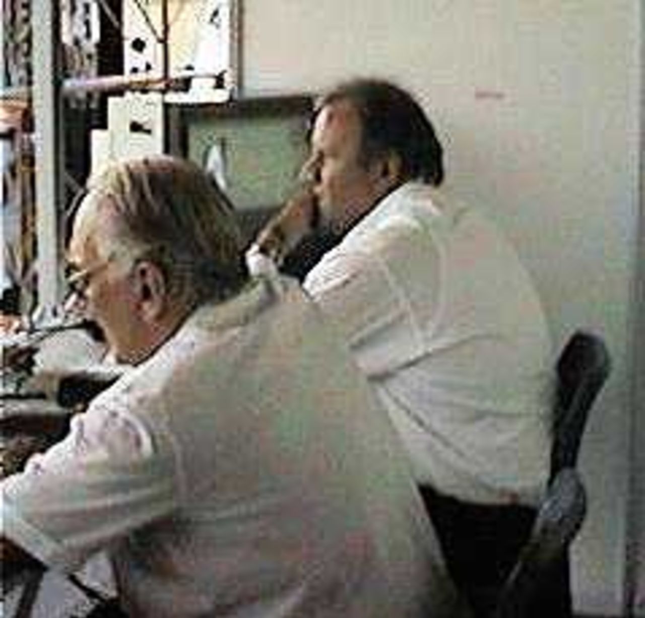 Third Umpire Darrell Hair at work during the Bangladesh v Scotland semi final, 8-9 April 1997