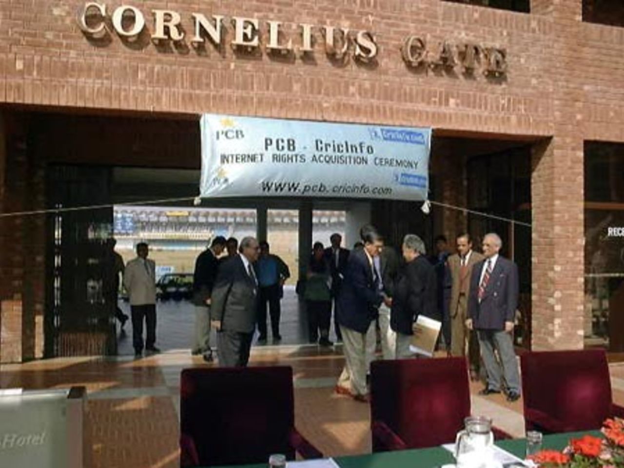 Director PCB, Brig Munawar A. Rana being introduced to Shehzad Humayun, Col (R) Rafi Nasim and others at PCB - CricInfo Internet Rights Acquisition Ceremony at Gaddafi Stadium, Lahore 5 Feb 2001