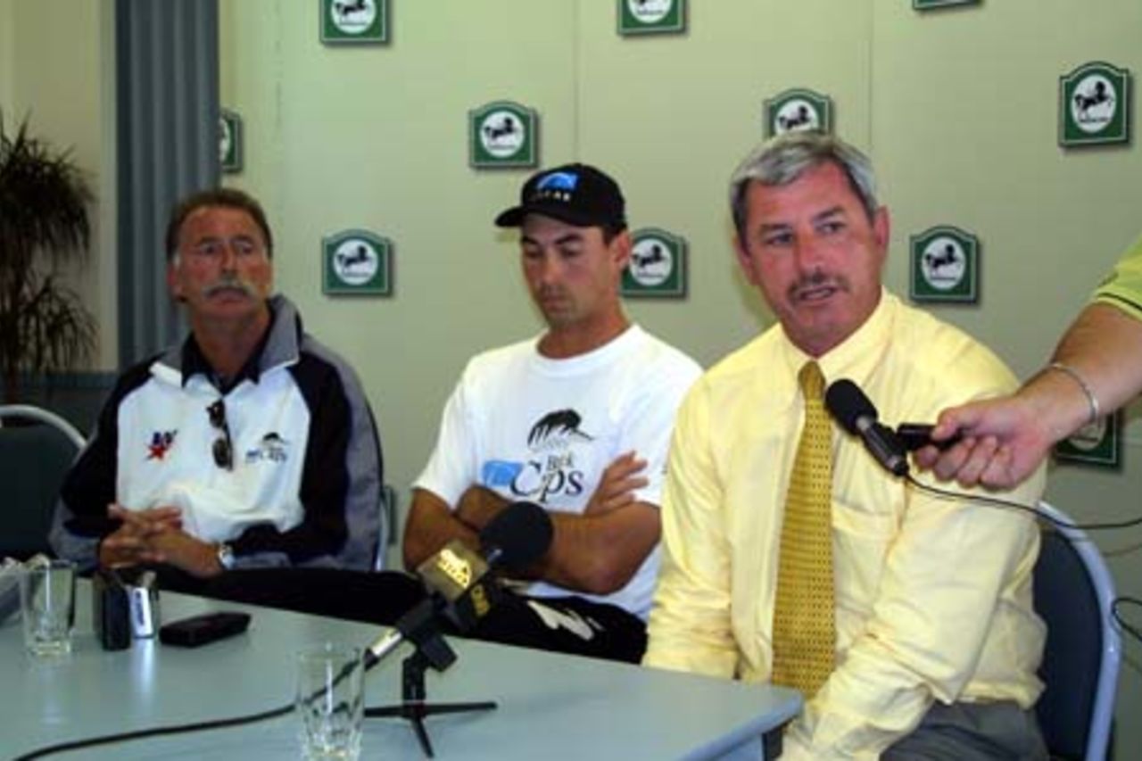 New Zealand Chairman of Selectors Sir Richard Hadlee answers a question from the media at the post-match press conference. Coach David Trist and captain Stephen Fleming sit alongside Hadlee and listen. 3rd One-Day International: New Zealand v Sri Lanka at Eden Park, Auckland, 6 February 2001.