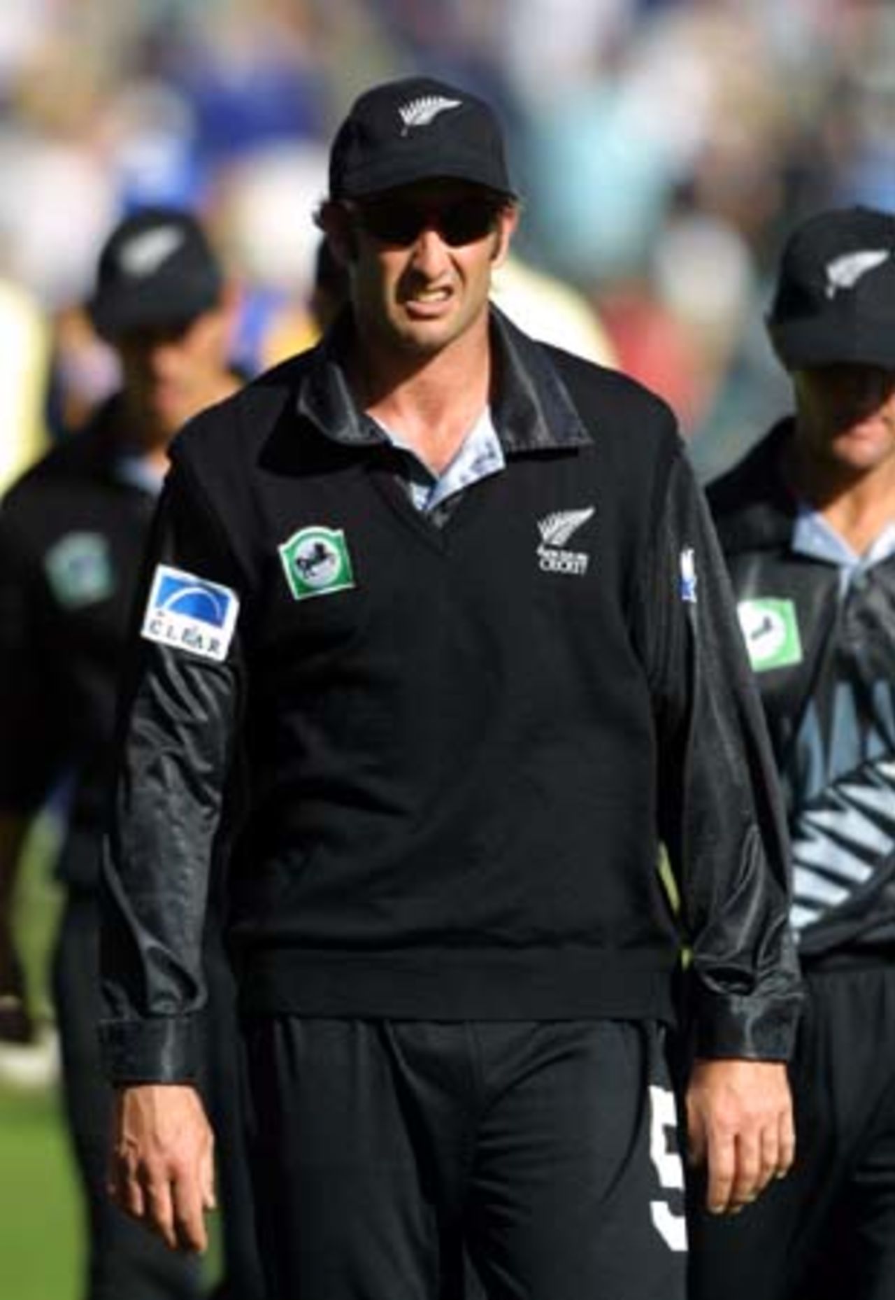 New Zealand all-rounder Chris Harris walks unhappily from the field after losing by nine wickets and the National Bank One-Day International Series 3-0 to Sri Lanka with two matches remaining to be played. 3rd One-Day International: New Zealand v Sri Lanka at Eden Park, Auckland, 6 February 2001.