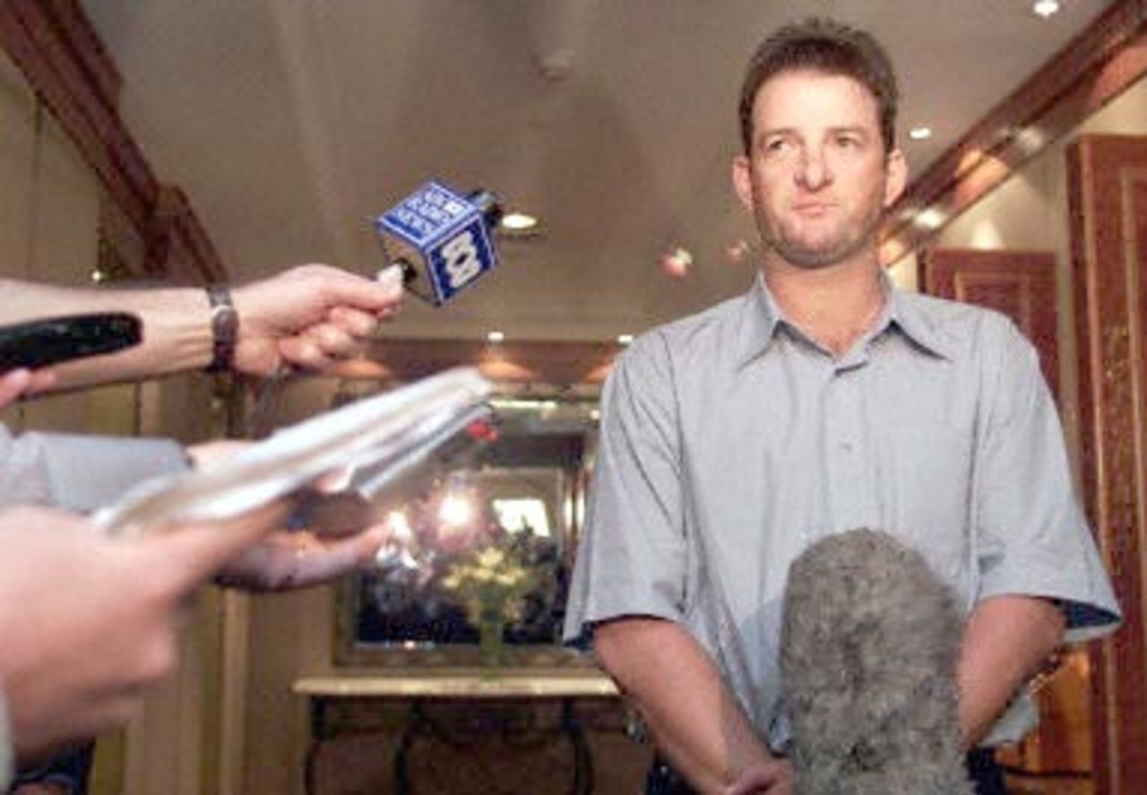 Australian cricket batsman Mark Waugh is tight-lipped as he talks to the media after meeting with the Australian Cricket Board (ACB) and the International Cricket Council (ICC) anti-corruption unit at an inner-city hotel in Melbourne 10 February 2001. Waugh is facing allegations of receiving large amounts of cash from a Indian bookmaker in exchange for team information.