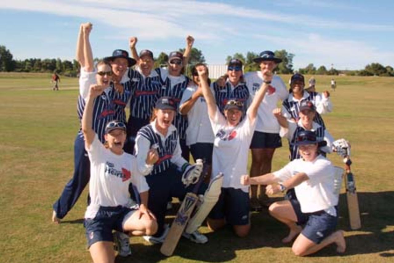 The Auckland women's team celebrate their victory in the 2000/01 State Insurance Cup. They defeated Canterbury by five wickets to defend the title. State Insurance Cup Final: Canterbury Women v Auckland Women at Village Green, Christchurch, 10 February 2001.