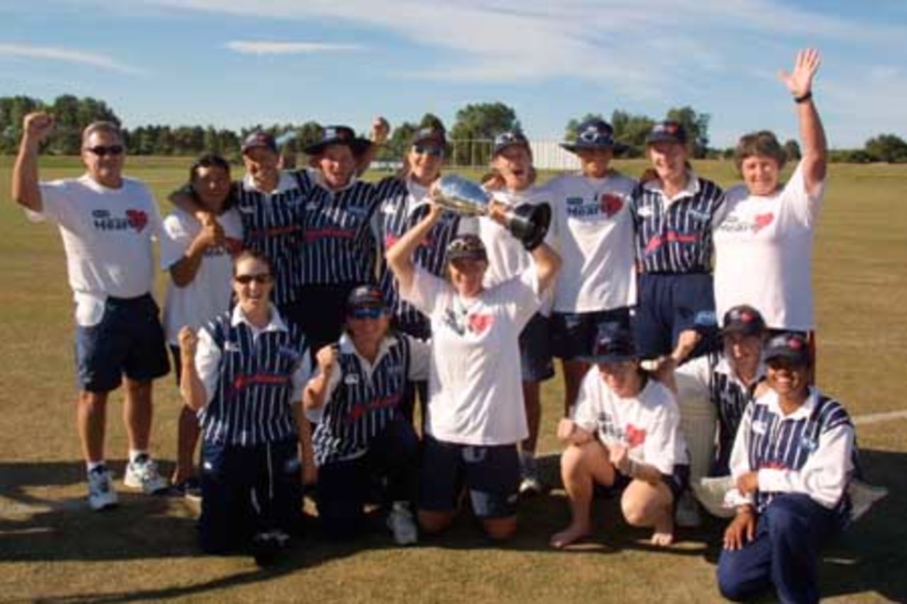 The Auckland women's team celebrate their victory in the 2000/01 State Insurance Cup. They defeated Canterbury by five wickets to defend the title. State Insurance Cup Final: Canterbury Women v Auckland Women at Village Green, Christchurch, 10 February 2001.