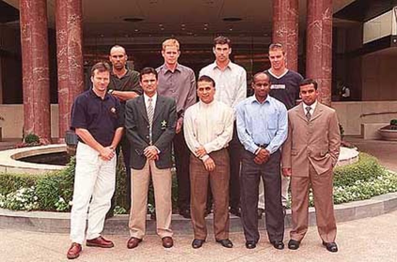 Left to Right; Back Row - Jimmy Adams, Shaun Pollock, Stephen Fleming, Heath Streak. Front Row ; Steve Waugh, Moin Khan, Sunny Gavaskar, Sanath Jayasuriya, Naimur Rehman