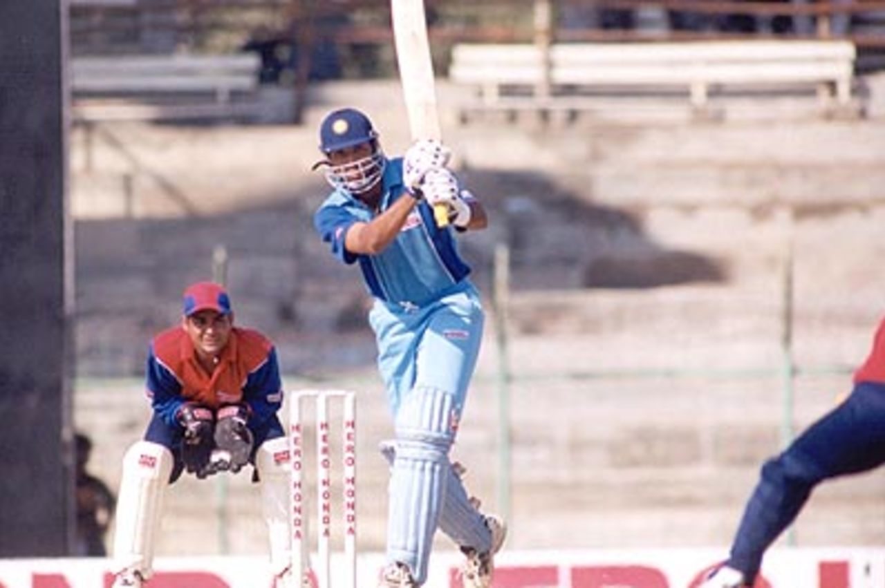 Laxman drives the ball back past the bowler. Challenger Series 2000/01, India v India 'B' at MA Chidambaram Stadium, Chepauk, Chennai, 13 Feb 2001